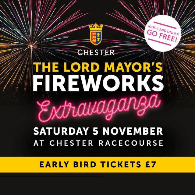 The Lord Mayor's Fireworks Extravaganza returns to Chester Racecourse on Saturday 5th November.

Join us on Bonfire night for: 

✨20 minute fireworks display curated to a music track
✨Junior fireworks display
✨LED light performers
✨Fun Fair 

Don't miss out! Early bird tickets available for £7 🎉🎡🎠🎢

To book your tickets, follow the link in our bio above✨