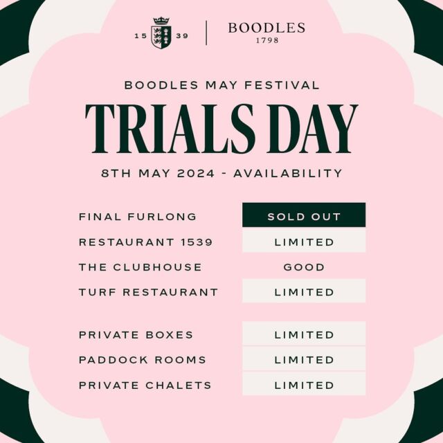 They say only FOALS rush in but not this time. 👀🏇

We are almost at FULL CAPACITY on our hospitality packages for the iconic Boodles May Festival, which will take place in just over 2 weeks time!

Book now and enjoy your day at the races in true ‘Chester Style.’ 🤩 🥂

Link in bio.

Swipe to see our availability for all three days. 👉